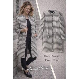 Harvé Benard Tweed Coat Jacket Black White Fringe Wool Blend Size 16